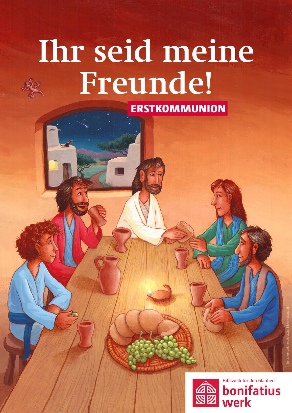 Jesus sitzt mit Jüngern am Tisch und teilt Brot, gemütliche Abendstimmung bei der Erstkommunion.